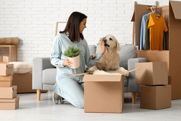Young happy woman and cute Labrador dog with boxes on moving day sitting at home