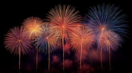 A series of firework trails lighting up the night sky during a fireworks festival, creating stunning patterns of color against the dark backdrop