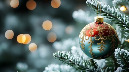 Colorful ornament adorned with golden details hangs from a snow-dusted fir branch, illuminating the festivities with warm glowing lights in the background