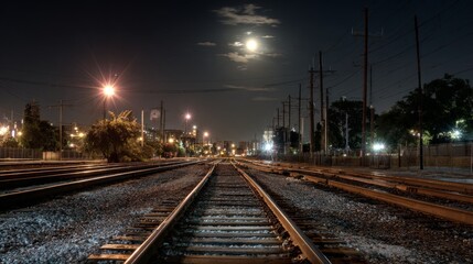 Fototapeta premium A set of railroad tracks at night, illuminated by the glow of streetlights, with the moon shining brightly above
