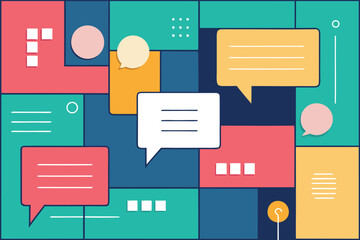 Abstract illustration of communication and dialogue with speech bubbles in a colorful geometric composition