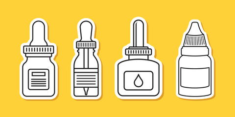 Pipette with oil drop paper sticker icon set collection in flat style. Dropper bottle vector illustration on isolated background. Medical tube sign business concept.
