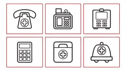 Collection of medical icons including a phone pager monitor calculator first aid kit and ambulance