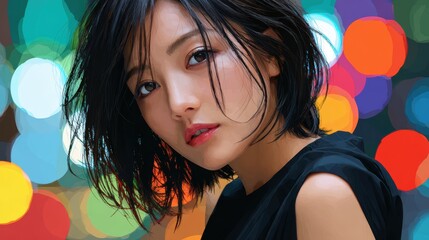 Portrait of a Young Woman with Short Hair Against Colorful Urban Background at Night