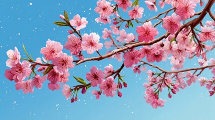 Blooming Cherry Blossom Branch Against a Clear Blue Sky in Springtime Nature