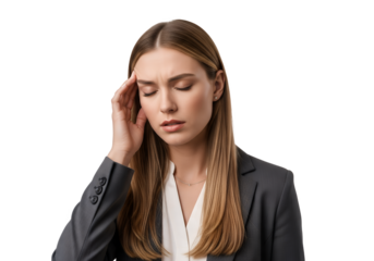 Woman in suit with eyes closed holding head with her hand in pain on transparent background