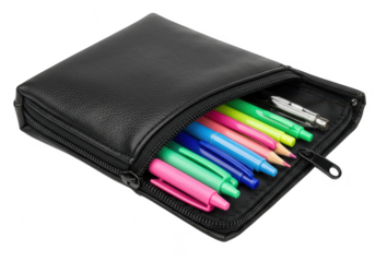 A black leather pencil case is open, revealing a colorful array of pens and pencils isolated on transparent background
