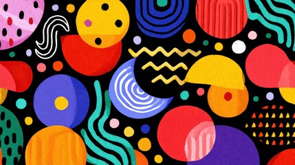 Colorful Geometric Abstract Design with Vibrant Shapes and Patterns on Dark Background
