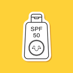 Sunscreen cream paper sticker icon in flat style. Skin protection vector illustration on isolated background. Skincare pharmacy sign business concept.