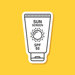 Sunscreen cream paper sticker icon in flat style. Skin protection vector illustration on isolated background. Skincare pharmacy sign business concept.