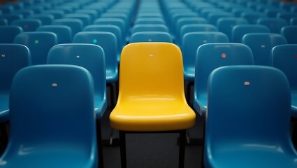 A single yellow seat stands out among rows of blue seats in an auditorium or stadium setting