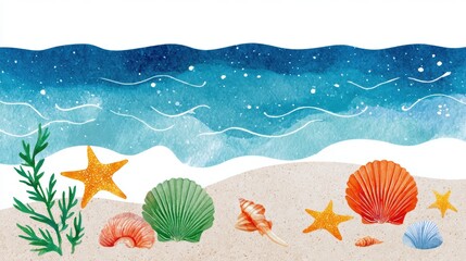 Vibrant Beach Scene with Colorful Seashells and Gentle Ocean Waves at the Shoreline
