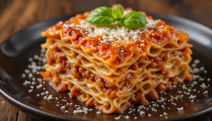 “Layered Lasagna with Meat Sauce, Melted Cheese, and Basil Garnish Served on Dark Plate”