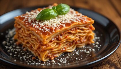 “Layered Lasagna with Meat Sauce, Melted Cheese, and Basil Garnish Served on Dark Plate”