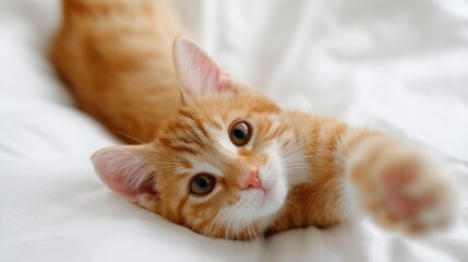 An adorable orange cat stretches playfully on a soft white blanket. It has a curious expression and outstretched paws. This image captures the charm of pets. Perfect for animal lovers. AI
