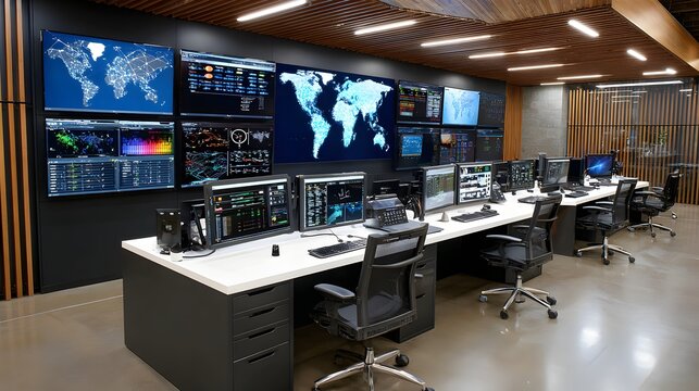 High-Tech Control Room with Multiple Screens Displaying Global Data Analytics and Monitoring