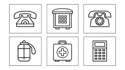 Collection of simple black and white line art icons representing communication and health objects