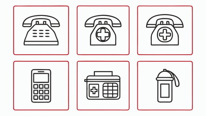 Collection of medical and communication icons including telephones mobile phone first aid kit and water bottle