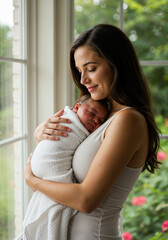 Young woman holding a newborn baby in soft natural light by the window