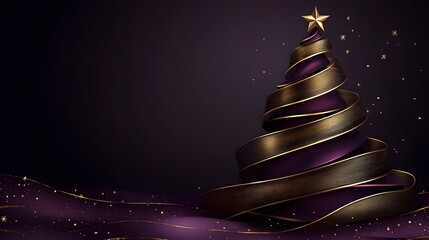 Elegant depiction of a modern Christmas tree design featuring golden ribbons and a star, set on a rich purple background