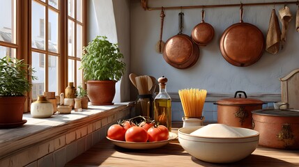 Rustic Kitchen Interior with Fresh Ingredients Including Tomatoes, Pasta, and Copper Cookware
