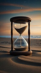 Vertical banner, wallpaper for social media of Hourglass where sand turns into stardust at the bottom, time dissolving purpose