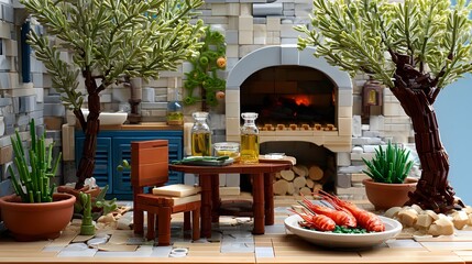 Rustic Outdoor Dining Setup With Olive Oil Bottles and Fresh Ingredients Surrounded by Greenery