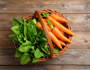 Above view, carrots and spinach in a basket on a wooden table
