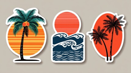 Colorful Tropical Sunset Illustration Featuring Palm Trees and Waves on a Beige Background