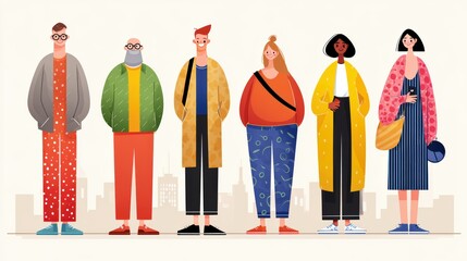 Diverse Group of Fashionable Individuals Standing Together Against an Urban City Background