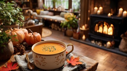Delicious Pumpkin Soup in an Elegant Bowl on a Cozy Table with Autumn Decorations and Warm Fireplace