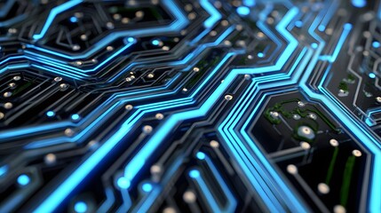 Close-Up View of a Complex Circuit Board Featuring Blue Illuminated Lines and Patterns