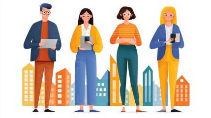 Diverse Group of Young Professionals Engaged in Digital Technology Against a Vibrant Cityscape