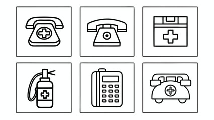 Set of medical and communication icons including telephones and first aid kit