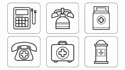 Collection of medical icons including a calculator oxygen tank first aid kit and telephone