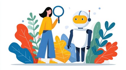 Young Woman Holding Magnifying Glass Next to Friendly Robot Surrounded by Colorful Foliage