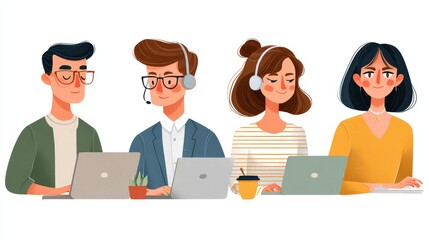 Diverse Group of Young Professionals Collaborating Remotely at a Workspace with Laptops and Headsets