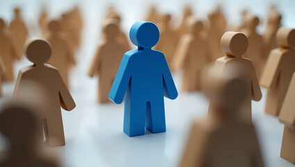 A blue figure standing out among tan figures in a crowd on a white surface with a bright background