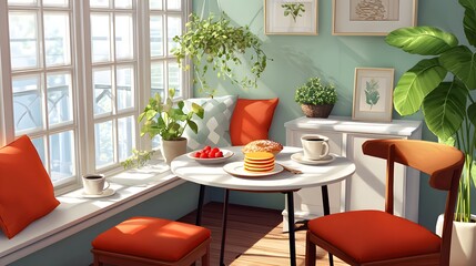 Cozy Breakfast Nook Bathed in Warm Sunlight Featuring Fresh Fruits and Comfortable Seating