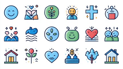 Set of Colorful Icons Representing Positive Emotions and Community Values in Minimalist Design