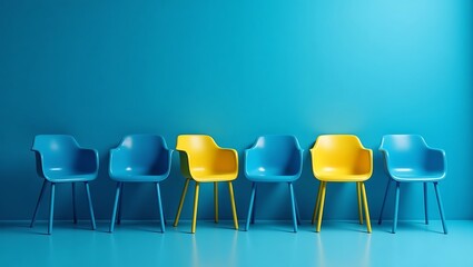 A row of chairs against a blue wall with two yellow chairs and three blue plastic chairs lined up