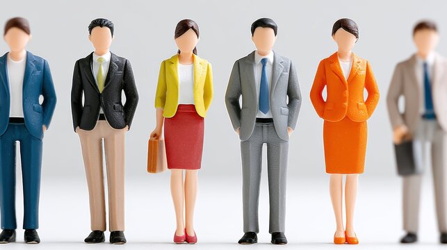 Miniature Business Figures Representing a Diverse Team of Professionals in Formal Attire