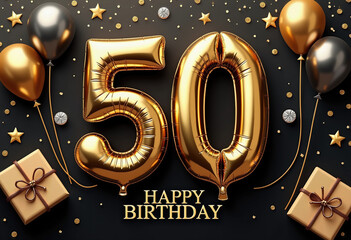 A sophisticated "Happy Birthday" design for a 50th celebration, featuring golden and silver balloons, metallic gifts with bows, and scattered gold confetti on a black background, emphasizing a golden 