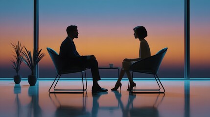 Silhouetted Individuals Engaged in a Serious Conversation During Sunset in a Modern Office