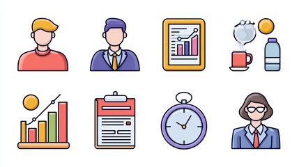 Collection of Business Icons Depicting Professionals, Charts, and Productivity Elements