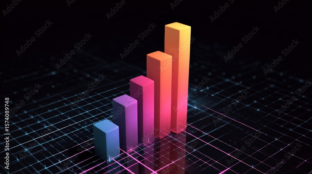 Poster a sleek d bar graph with a gradient color scheme, rising above a digital grid background