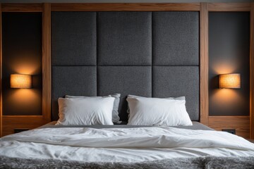 Obraz premium Hotel room bed, lamps illuminate wall; for lodging promotions or interior design