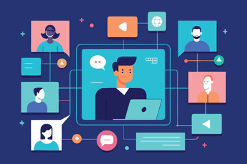 Digital networking and collaboration illustration featuring remote team communication and modern technology interactions.