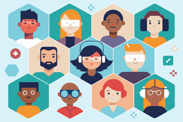 Diverse group of people wearing accessories and headwear in geometric hexagonal frames illustration
