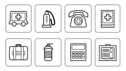 Collection of medical and emergency service icons in a simple line art style